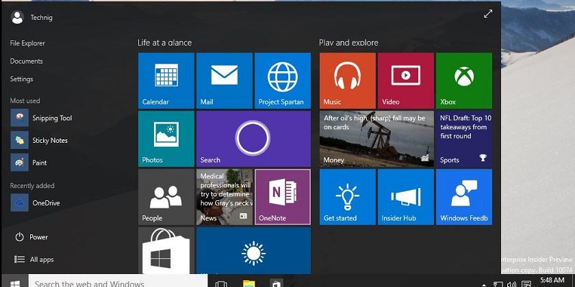 Windows 10 Insider Preview Start Menu