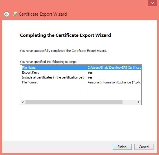 Completing the Certification Export Wizard of Data Backup