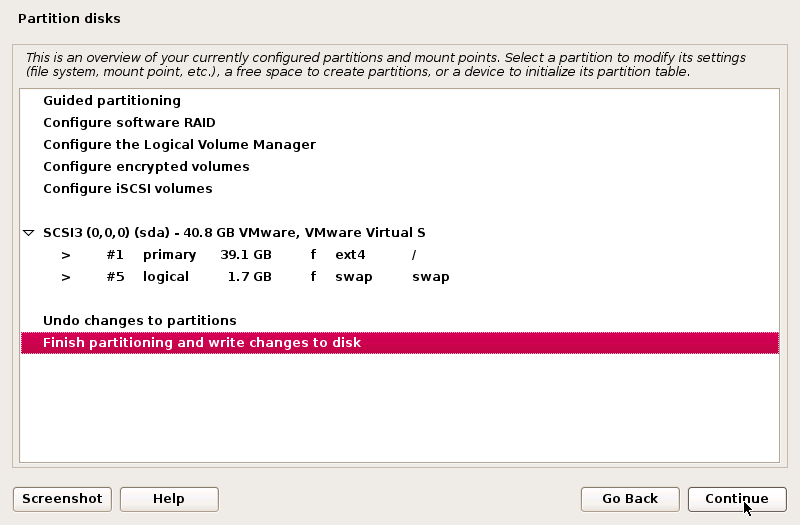Finish partition and write changes to disk