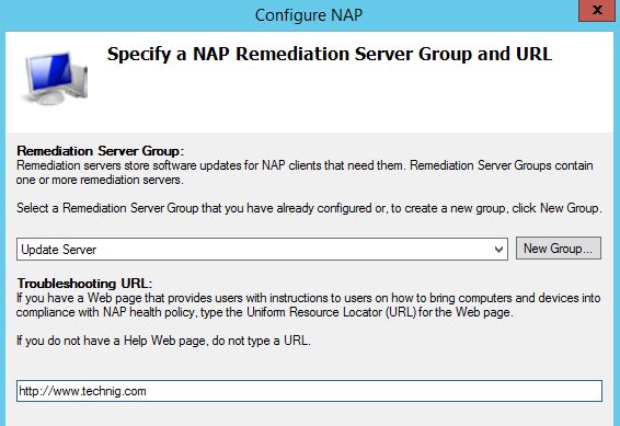 Specify a NAP Remediation Server Group and URL