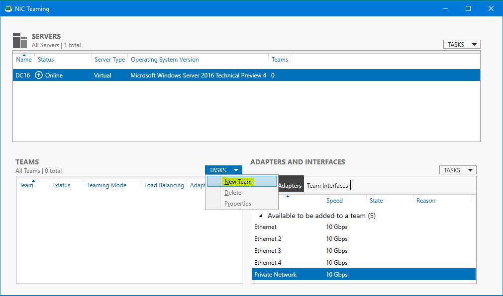 Configure NIC Teaming in Windows Server 2016