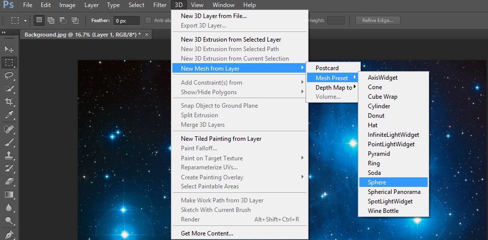 3D Layer - New Mesh from layer - Mash preset – Sphere