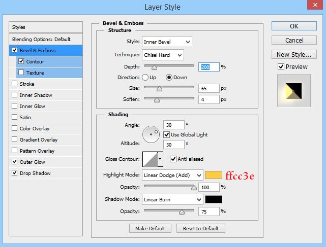 Bevel & Emboss settings-Golden Text Design