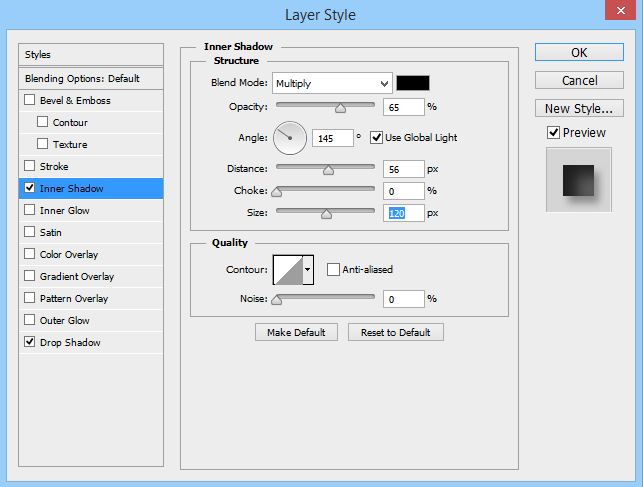 Inner shadow settings for glass effect in Photoshop 