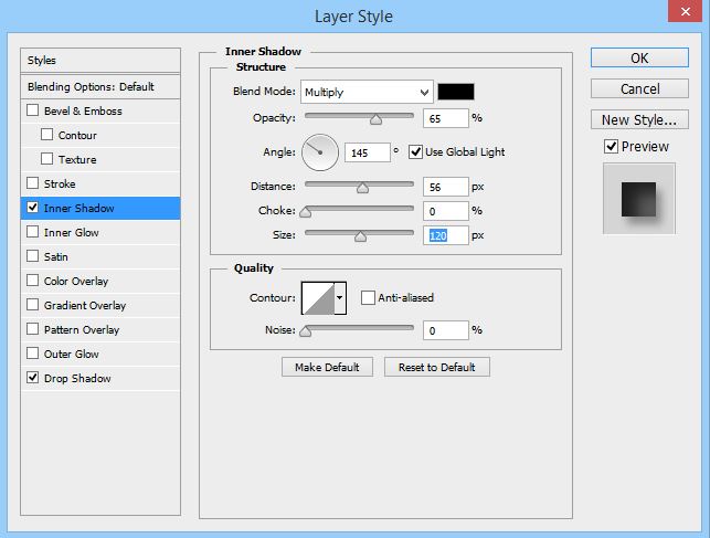 Inner shadow settings for glass effect in Photoshop