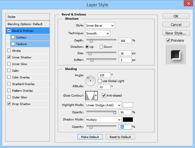 Bevel and Emboss Settings for glass effect in Photoshop