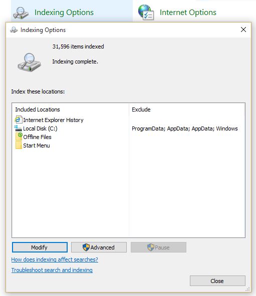 Indexing Options in Windows 10