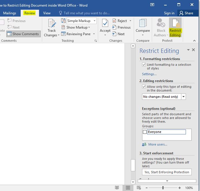 Restrict Editing Document Inside Word