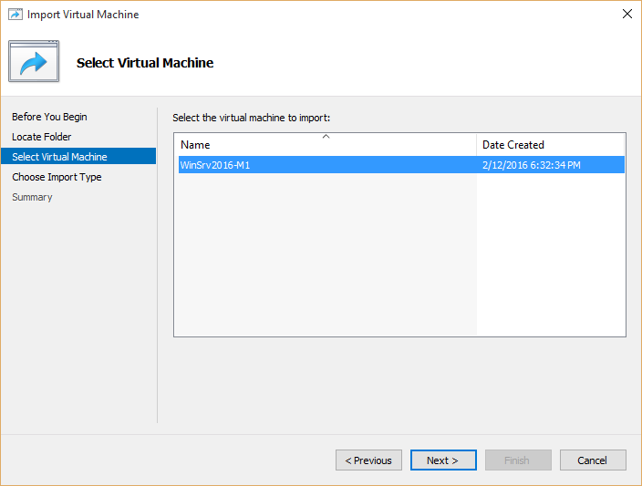 Select virtual machine to import on Hyper-v