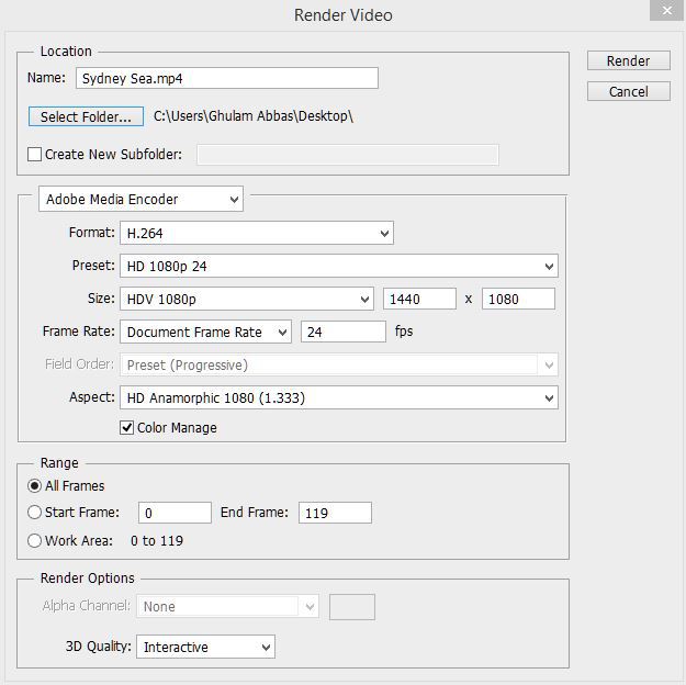 Photoshop Video Render Settings