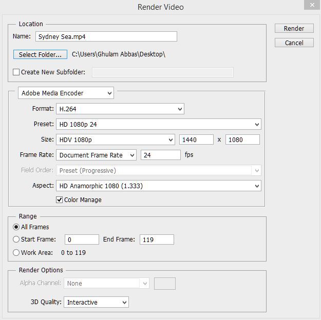 Photoshop Video Render Settings 