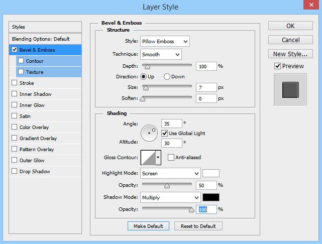 Bevel and Emboss settings