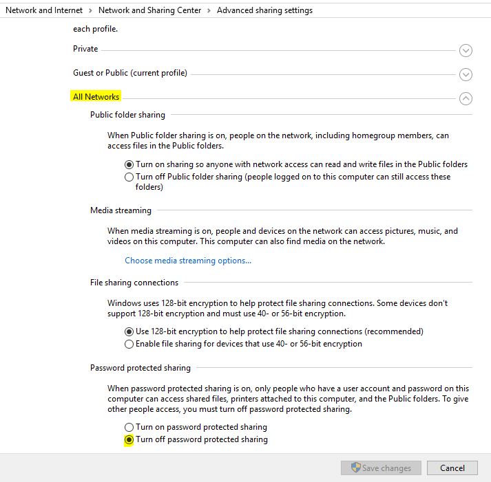 Turn off Password Proteced Sharing on Windows 10
