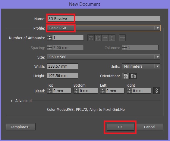 New document - Illustrator 3D Revolve Options