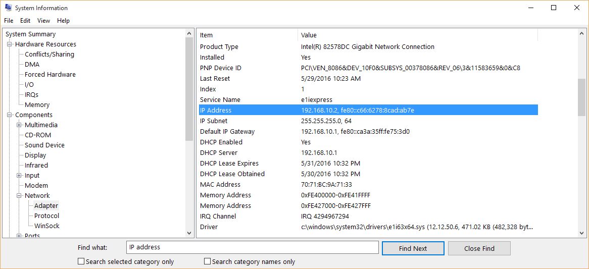 Find IP address details in Windows 10