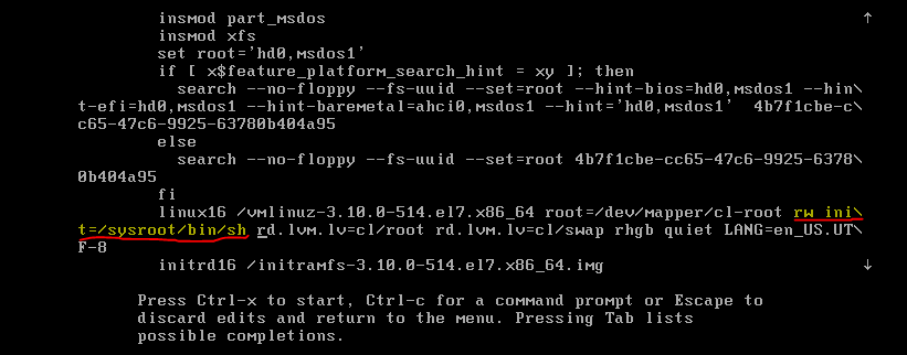 Change the ro line to rw and add init=sysroot bin sh