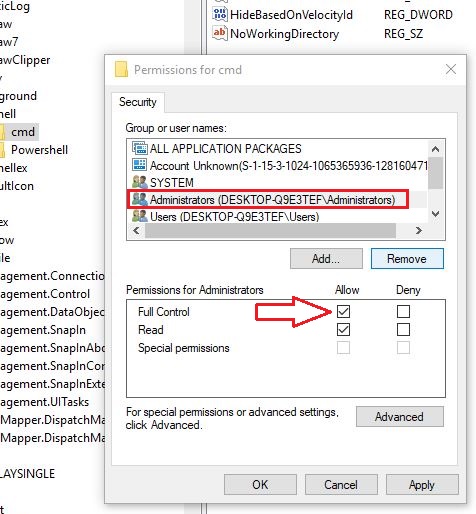 Assign Permission to CMD directory in Windows registry