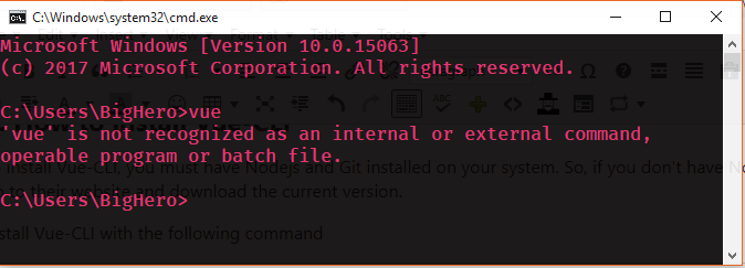 'vue' is not recognized as an internal or external command