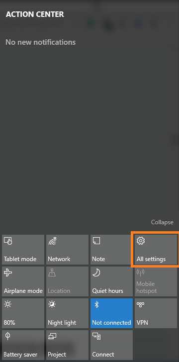 12 ways to open settings App in windows 10- Using Action Center