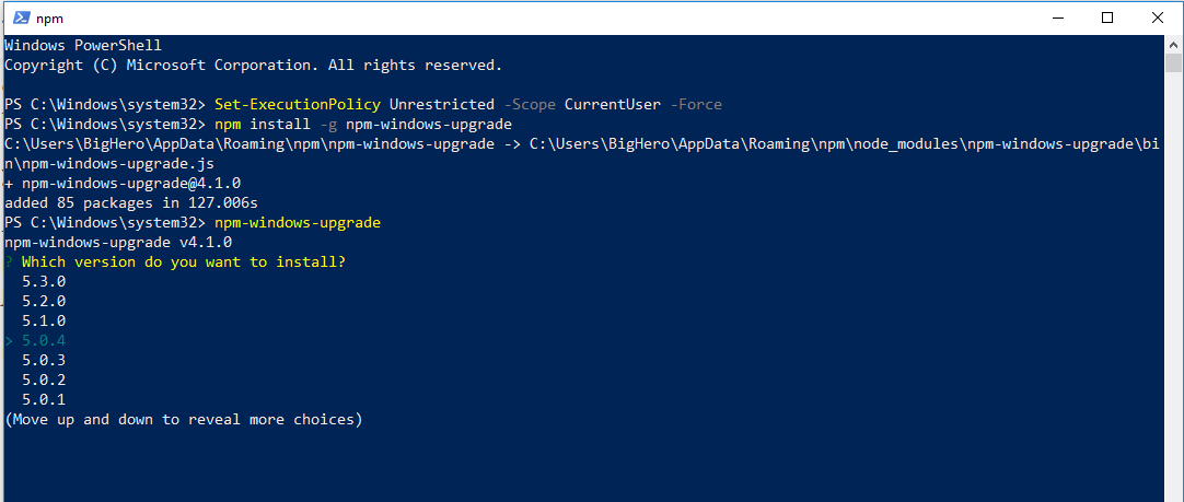 Npm update package. Обновление Windows POWERSHELL. Npm Windows. PS exe. Python версии 3.7.1 POWERSHELL install.