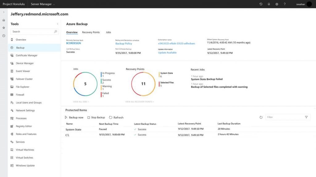 Project Honolulu’s management dashboard for Azure Backup in Windows Server 2019 Preview - Free Download Windows Server 2019 ISO File
