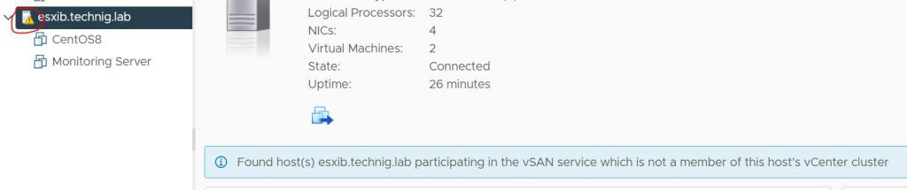 Found host(s) esxib.technig.lab participating in the vSAN service which is not a member of this host's vCenter cluster