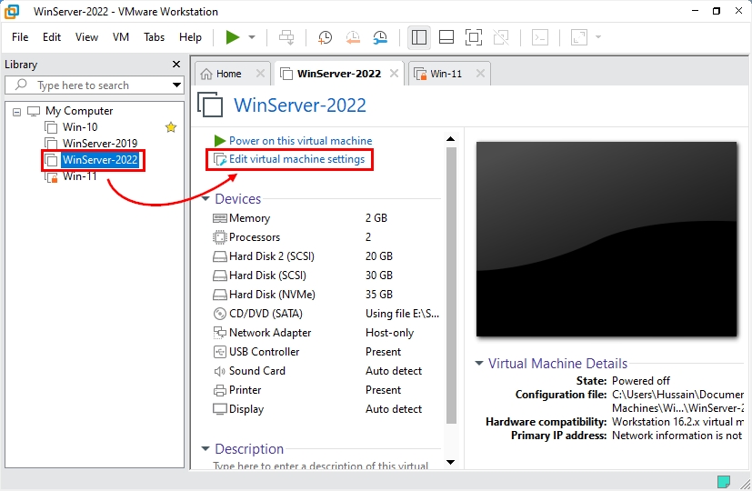 Adding a virtual disk on Window Server 2022 VMware virtual machine