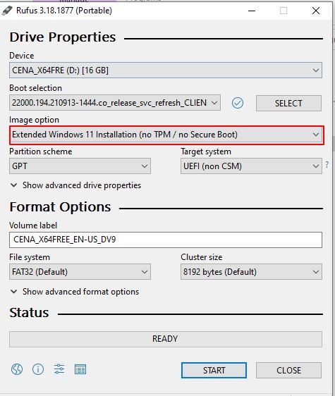 Bypass Windows 11 requirements using Rufus | Image Option section