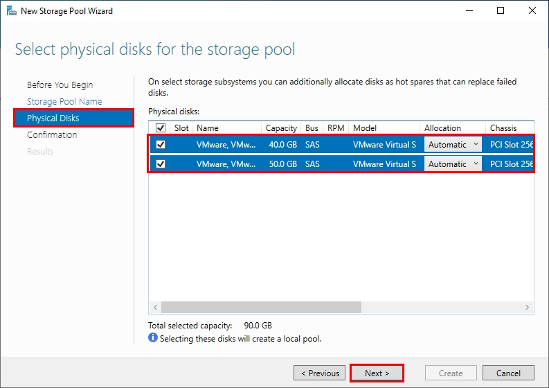 Creating storage pool on Windows Server 2022 | Selecting Physical disks