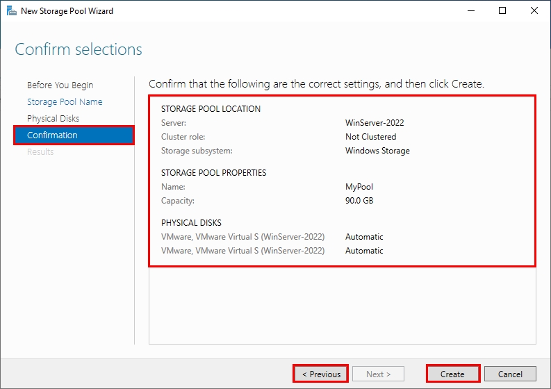 Creating storage pool on Windows Server 2022 | Confirmation sectionCreating storage pool on Windows Server 2022 | Confirmation section