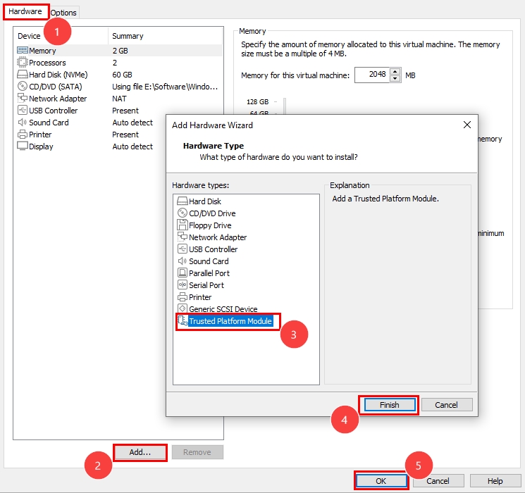 Enable TPM on VMWare virtual machine | Add TPM Hardware