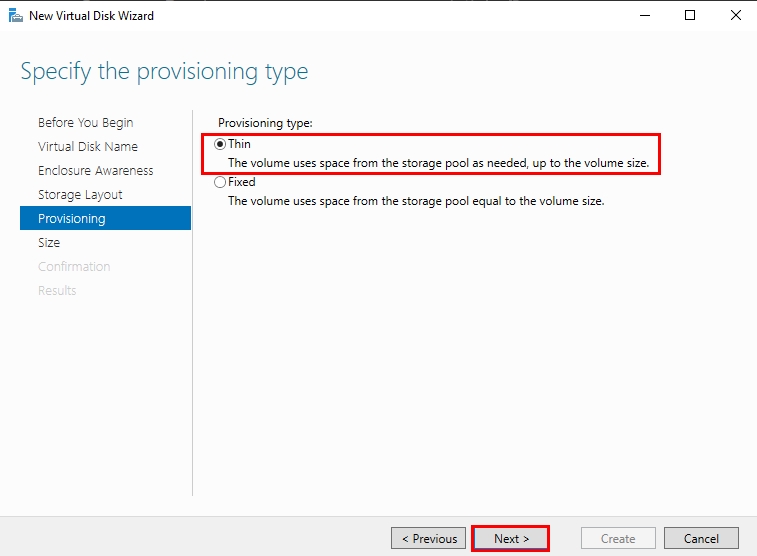Creating Virtual Disk from Storage Pool | Selecting Provisioning Type