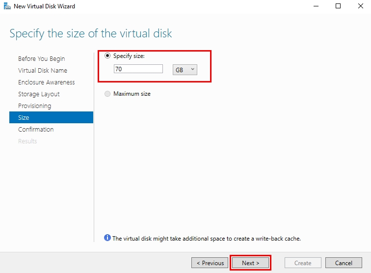Creating Virtual Disk from Storage Pool | Specifying the Size