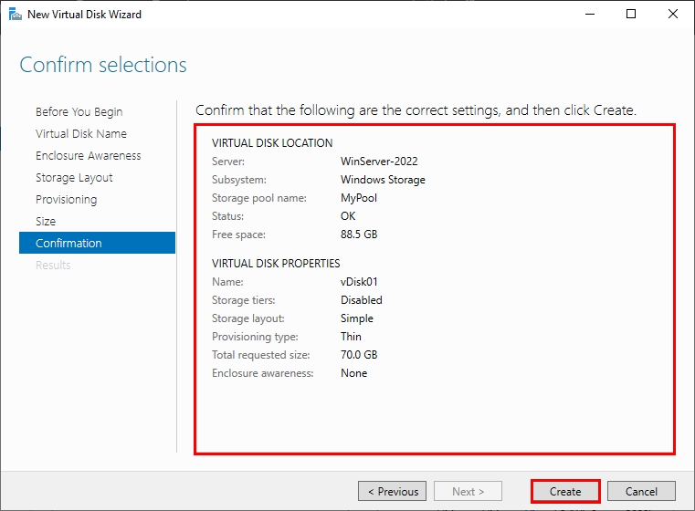 Creating Virtual Disk from Storage Pool | Confirming the settings