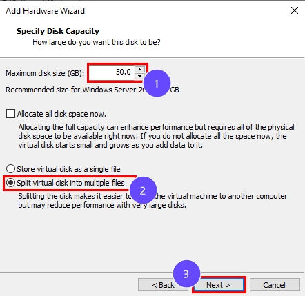 Adding a virtual disk on Window Server 2022 VMware virtual machine | Disk Size