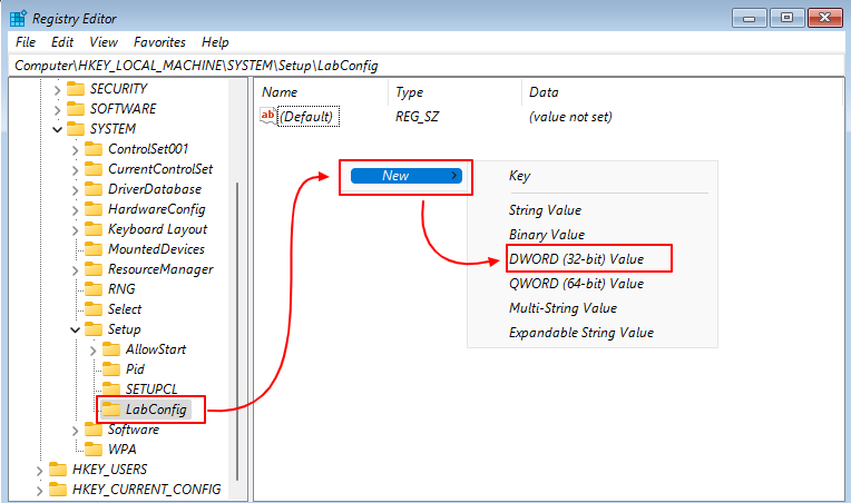 Bypass Windows 11 Requirements Using Registry Editor | New DWORD (32 bit) Value