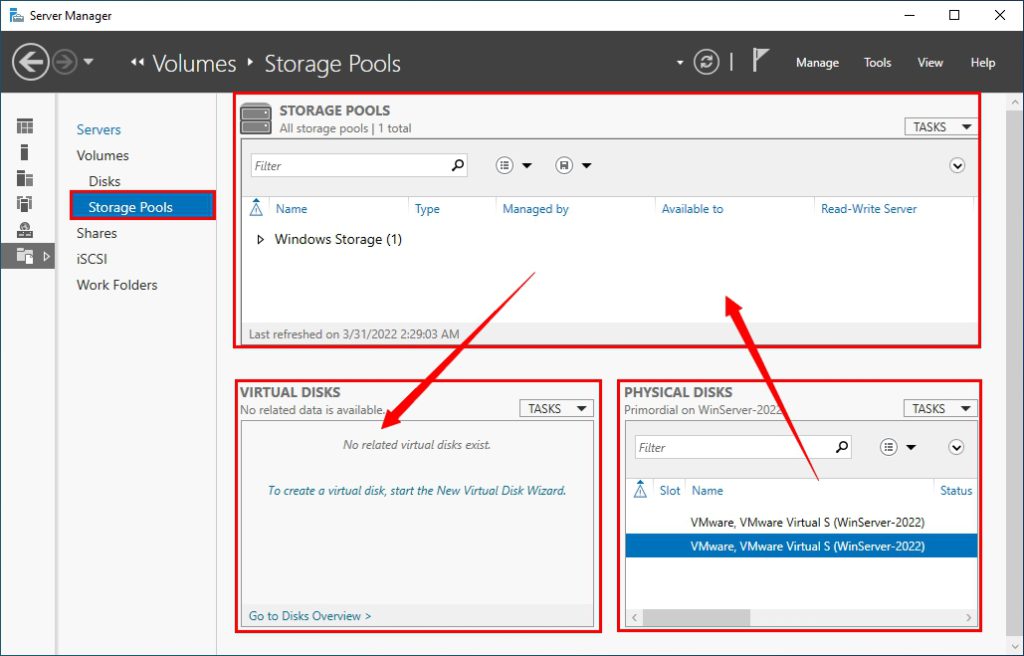 Creating storage pool on Windows Server 2022 | Storage Pools window