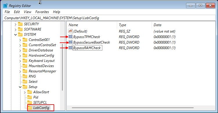 Bypass Windows 11 Requirements Using Registry Editor | BypassRAMCheck and BypassSecureBootCheck.
