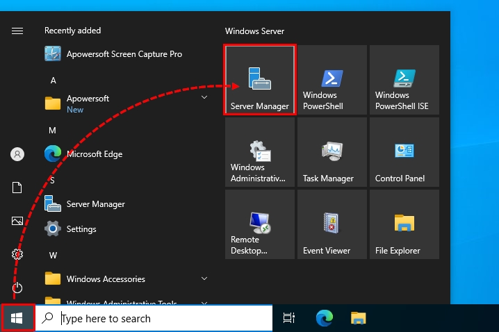 Opening Server Manager On Windows Server 2022  from the start menu