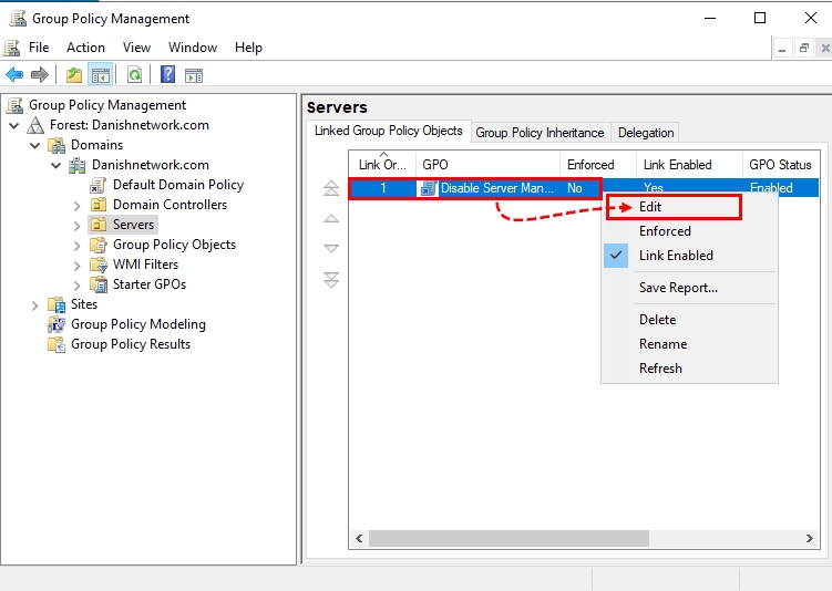 Editing a group policy object on Windows Server 2022 to disable Server Manager auto-launch at logon