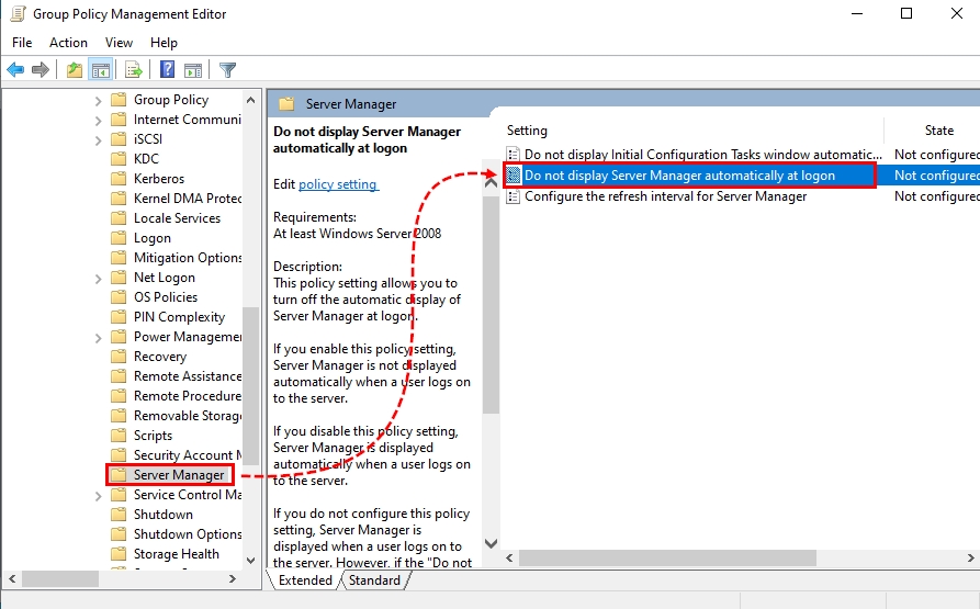 Disabling Server Manager Auto-Launch for a group of Servers using Group policy Management Editor on Windows Server 2022