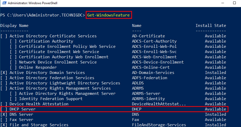 Get-WindowsFeatures Windows PowerShell Command and Checking DHCP Feature