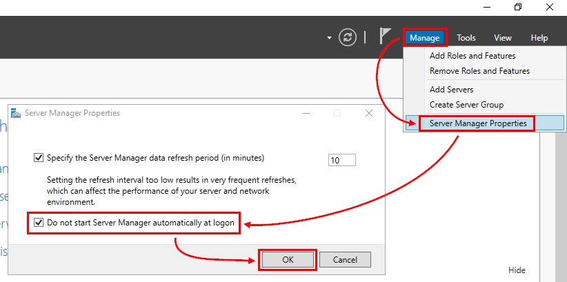 Disable Sever Manager Auto-Launch at logon on Windows Server 2022using server manager console