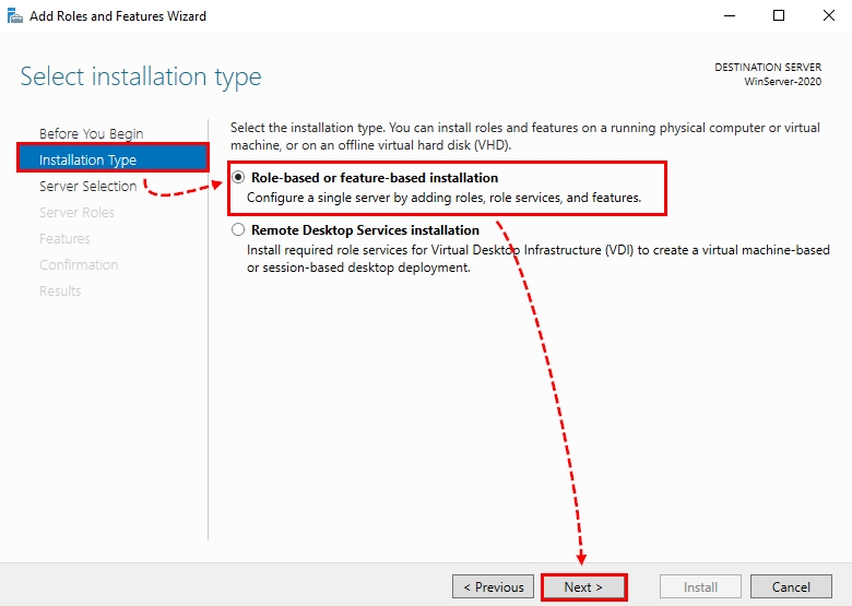 Selecting Installation Type of a Role on Windows Server 2022