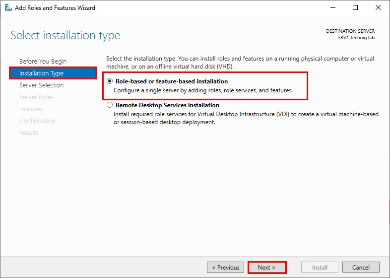 Choosing Installation Type for the Role