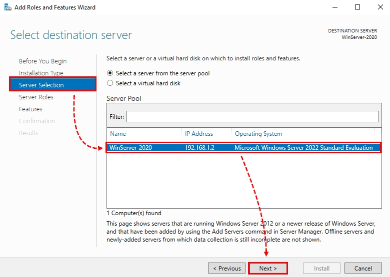 Choosing the Server to Install the DHCP role and features on it.