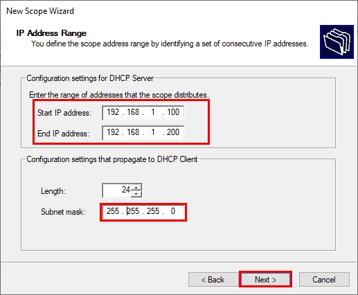 Specifying the Range for our New DHCP Scope