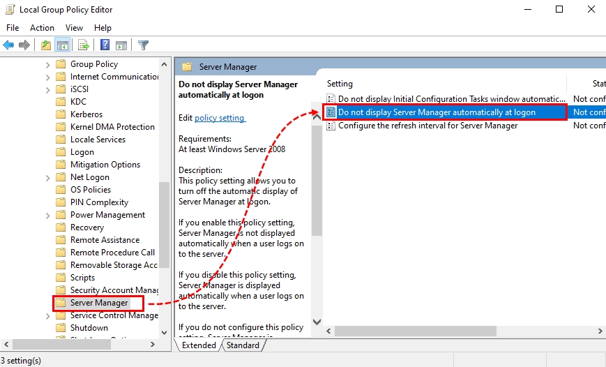 Local Group Policy Editor Window, Server Manager Folder