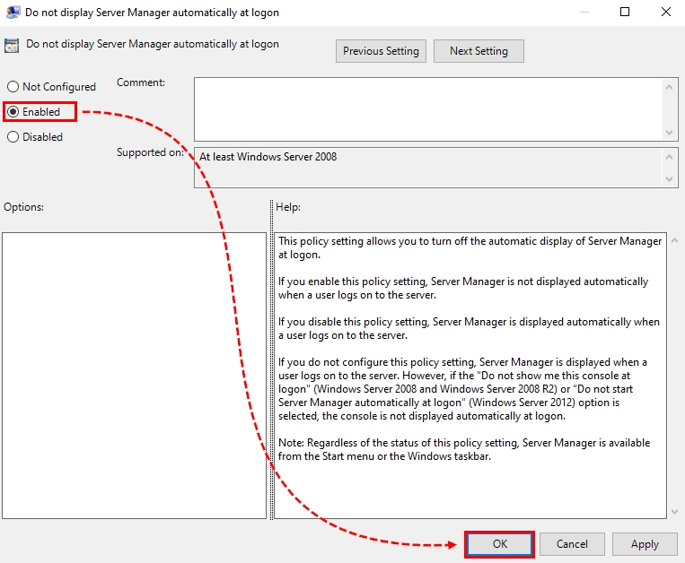Configuring the setting for Server Manager Auto-launch in Group Policy Management Editor