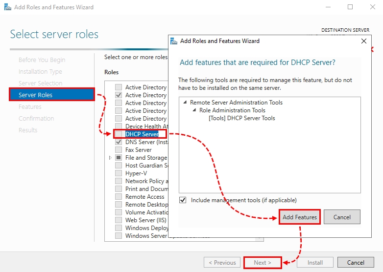 Selecting the DHCP Role to install